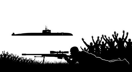 Obraz premium Sniper Aims at Submarine with Crowd Cheering in Background Silhouette