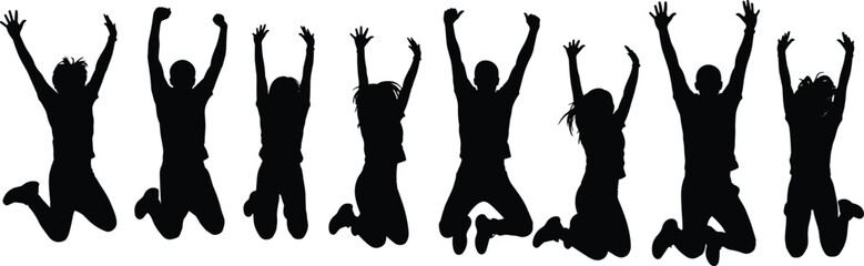 Happy people jumping silhouette collection, group of excited friends celebrating success with raised hands, energetic youth jump poses isolated vector illustration on white background