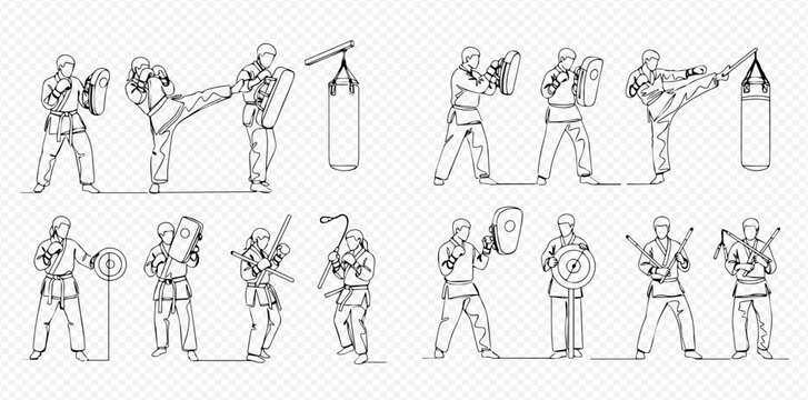 Martial Arts Training and Self-Defense Continuous Line Art Set.