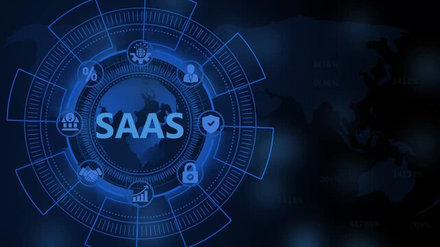 Digital Network Interface with SAS Text and Global Map Background SAAS software as a service