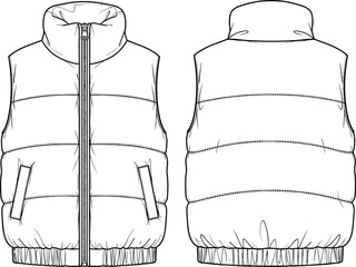 Puffer Vest Front and Back View Technical Flat Sketch, Men's Sleeveless Quilted Gilet Vector Illustration for Fashion Design and Production © Rubina