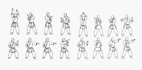 Set of black and white line art illustrations depicting various karate poses and martial arts movements. © Lunara Arts