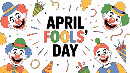 Colorful clowns celebrate april fools' day with confetti and party hats on white background