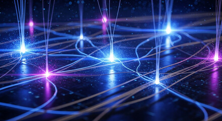 Fototapeta premium A vibrant digital illustration of glowing blue and pink lines and dots on a dark background