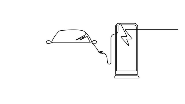 Self drawing animation of Electric car charging in station continuous one line drawing. Continuous one line drawing of car Charging video. Animated technology logo. Ecology concept. Video 4K