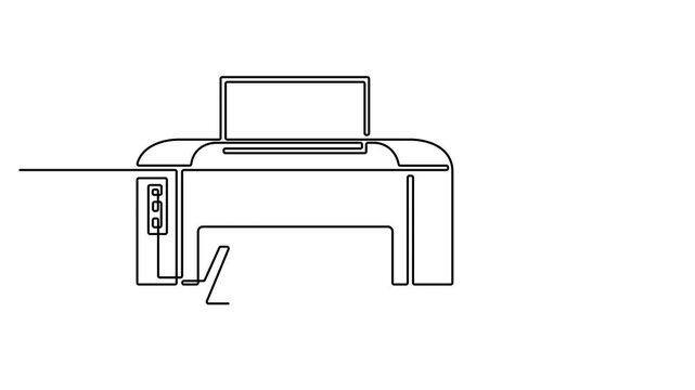 Animation of one single line drawing of digital laser printer for business company. Electricity small home office equipment tools concept. Continuous one line drawing of Digital printer video