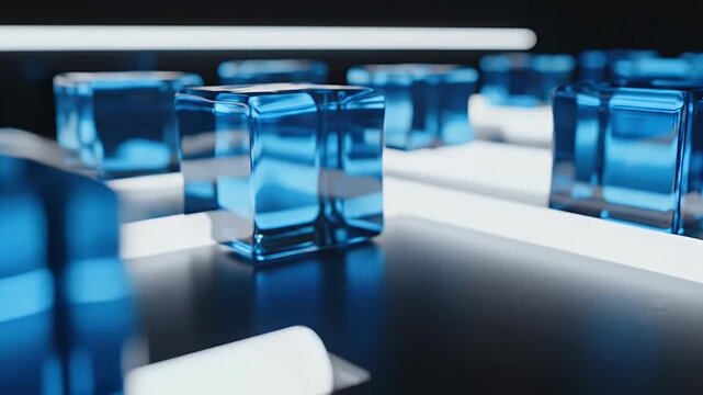 Transparent Blue Cubes and Luminous Strips - This video shows a group of transparent blue cubes resting on a reflective surface.