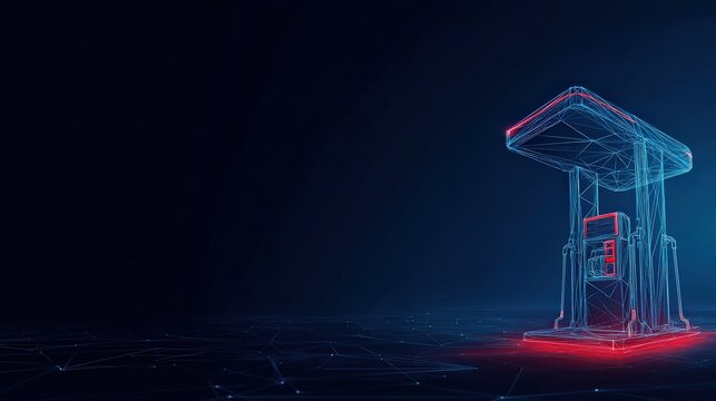 A digital rendering of a futuristic gas station with glowing neon lines. ..Created with Generative AI, not depicting real subjects.