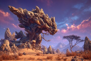 Pixelated Fantasy Landscape With Majestic Stone Formation