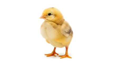 Obraz premium Small yellow chick standing on white background with orange legs and beak baby chicken orange beak