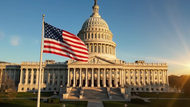 U.S. Capitol Building with Flag at Sunrise - This video shows the U.S. Capitol Building in Washington D.C. with the American flag waving in the foreground at sunrise.