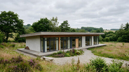 Fototapeta premium Passive house cross ventilation design featuring sustainable architecture with natural landscape integration and eco-friendly living spaces