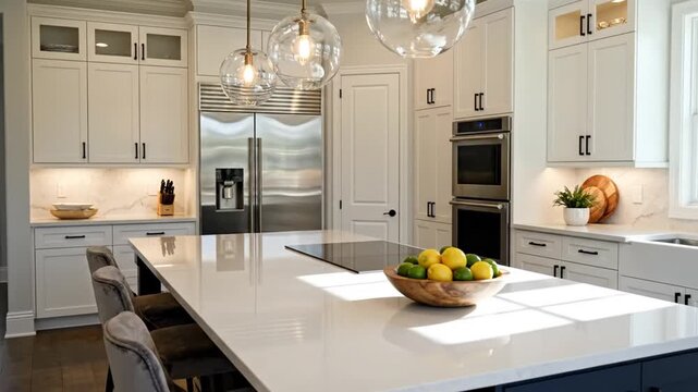 Modern Kitchen Interior with Island and Lighting.