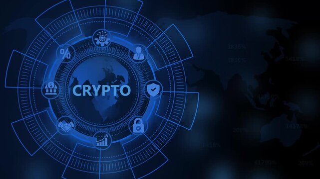 Cryptocurrency Digital Network Globe with Crypto Text and Icons for Digital Finance and Blockchain