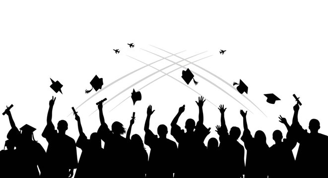 Graduation Celebration Silhouette: Students Throwing Caps in the Air, Celebrating Success