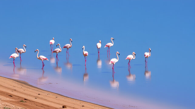 View of a group of flamingos wading in the shallow waters, their pink plumage a stark contrast to the blue water and the sandy shoreline, Ngorongoro Crater, Arusha Region, Tanzania.