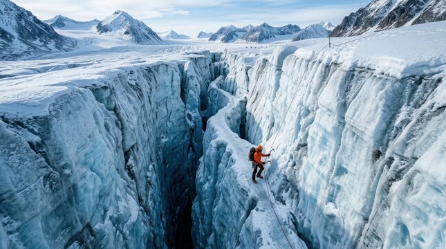 A lone adventurer carefully traverses a narrow icy path along a deep, blue glacial crevasse under a bright, clear sky.