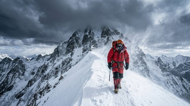 A lone mountaineer in a red jacket with an ice axe ascends a treacherous snowy ridge with dramatic, stormy clouds overhead.