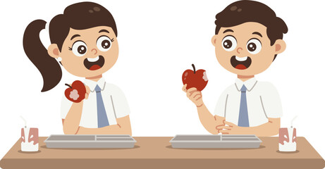 Fototapeta premium Anak sekolah makan apel bersama temannya ilustrasi
