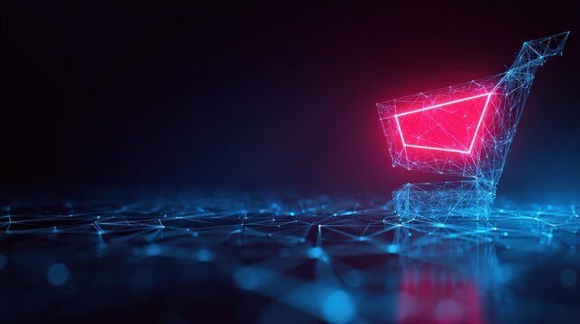 A vibrant, digital shopping cart emerges from a network of glowing lines, suggesting the future of online retail and commerce in a futuristic. Created with Generative AI, not depicting real subjects.