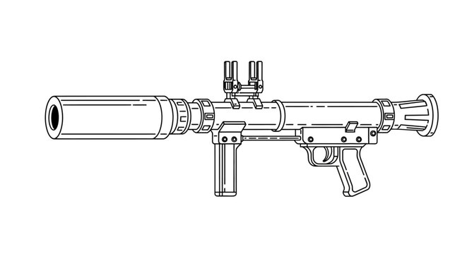 Line Art Illustration of a Suppressed Submachine Gun with Vertical Foregrip