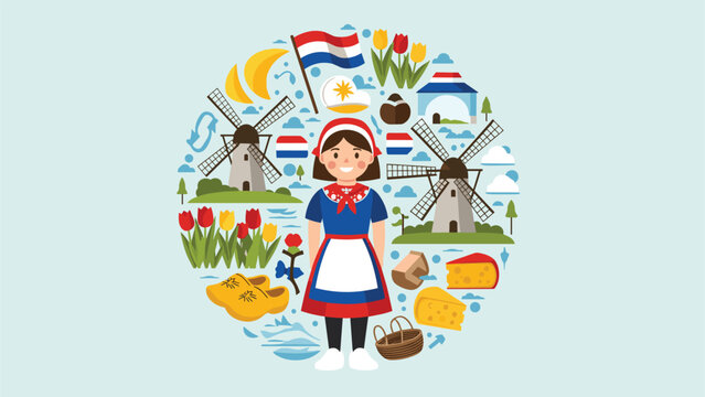 Dutch cultural symbols featuring girl in traditional dress surrounded by windmills, tulips, cheese, and wooden clogs in a circular frame.