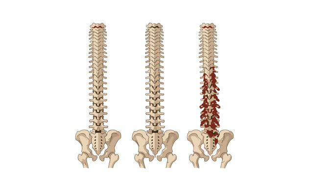Human spinal column illustration showing comparative stages of back health with red markings indicating pain or inflammation areas.