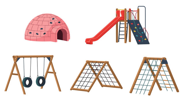 Children playground equipment set featuring colorful red slide, climbing wall, tire swing, rope nets, and pink igloo on white background.