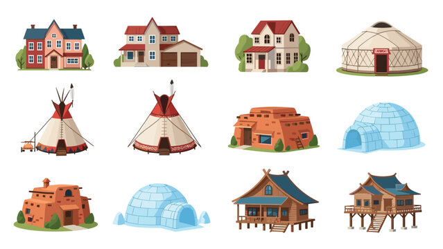 Collection of various global dwellings including traditional yurt, igloo, teepee, adobe houses, and stilt huts in grid design.