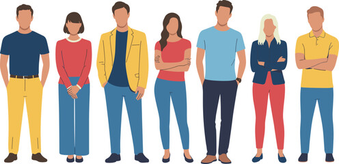 Obraz premium Diverse Group of People Standing Together Wearing Modern Casual and Formal Clothing Flat Vector Illustration Character Set Isolated on Plain White Background Set