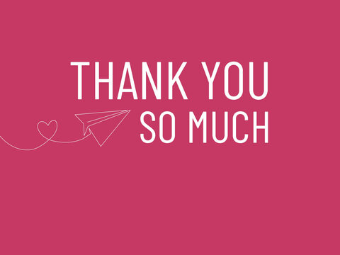 A pink thank you card with a heart and paper airplane design
