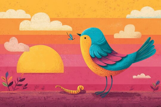 The early bird gets the worm , bird catching a worm in its mouth 
