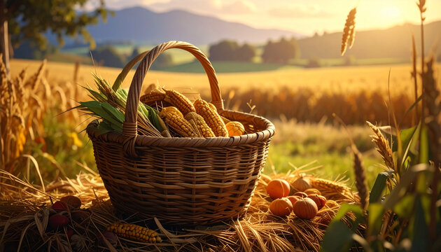 Basket of corn in a field at sunset illustrating harvest and abundance