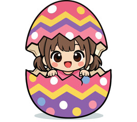 Cute Chibi Girl Popping Out of Colorful Easter Egg with Zigzag and Polka Dot Pattern