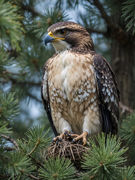 Sharp shinned hawk sits in a pine tree with it's prey