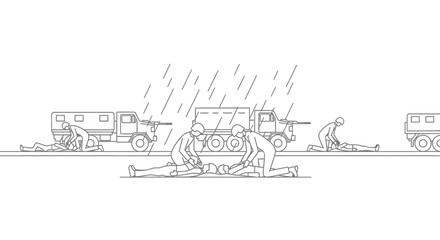 Obraz premium Military medics provide first aid to wounded soldiers in the rain during combat.