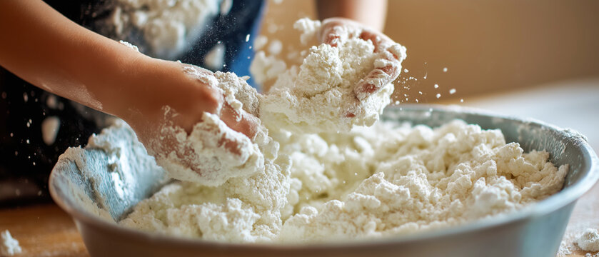 Child hands mixing white cloud dough in a metal bowl for sensory play and tactile development.