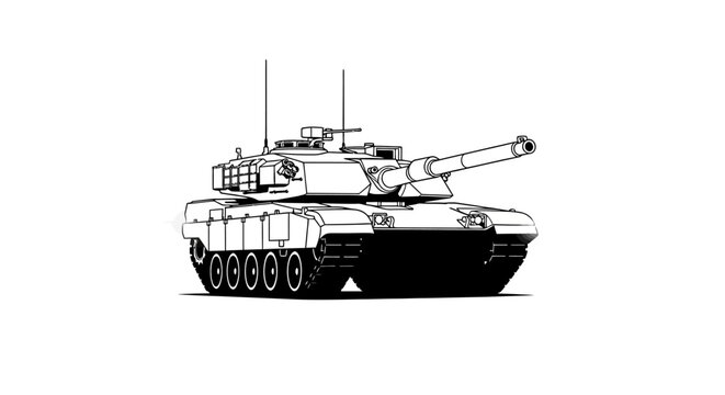 Modern Military Tank Illustration - Front View, Black and White Line Art