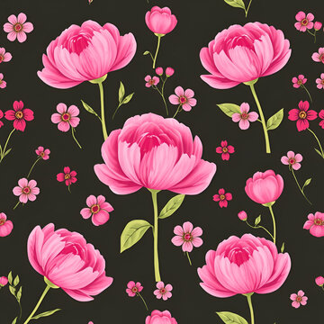 Spring pink peony flower seamless pattern set with line art colorful flower. Chines peon and little flower background