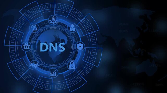Futuristic Digital HUD Interface with DNS text and Global Network Icons on Dark World Map Background