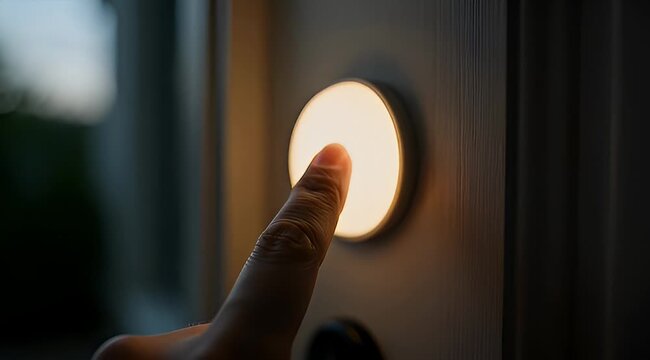 Finger pressing a round illuminated doorbell on a dark wooden surface