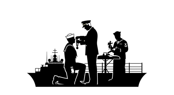 Navy Officer Awards Medal to Sailor on Ship Deck, Ceremony Silhouette