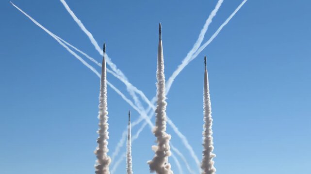Rockets launching into clear blue sky.