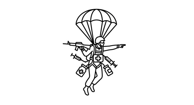 Paratrooper Medic Jumps with Medical Gear and Rifle - Military Medical Aid