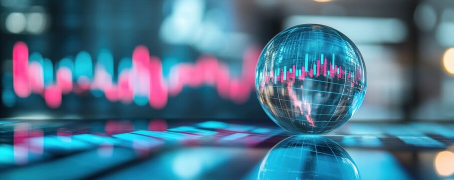 Transparent digital globe with embedded pink and blue financial candlestick charts, set against blurred glowing market graphs, representing modern global trading and data visualization.
