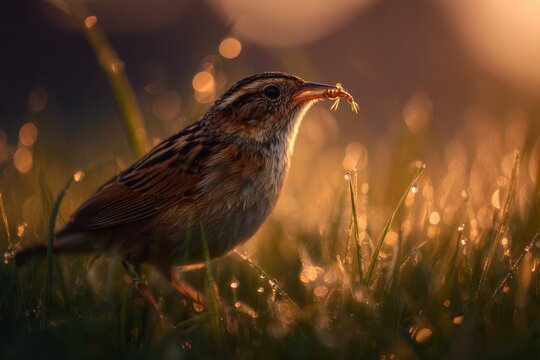 The early bird gets the worm , bird catching a worm in its mouth at sunrise in a grassy field, golden morning light