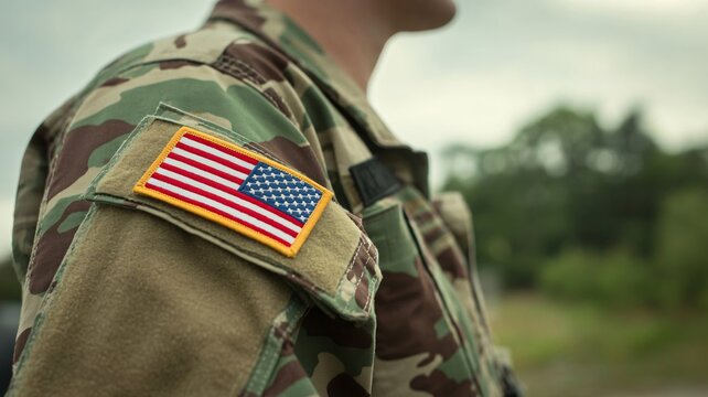 US military soldier wearing camouflage uniform with American flag patch