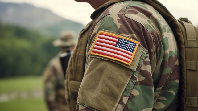 American soldier with USA flag patch on camouflage uniform