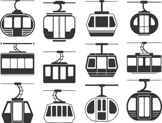 Cable car icons set, gondola vector silhouettes, aerial transport cabins, ski lift symbols, mountain transit illustration, black and white graphic elements © Arafat