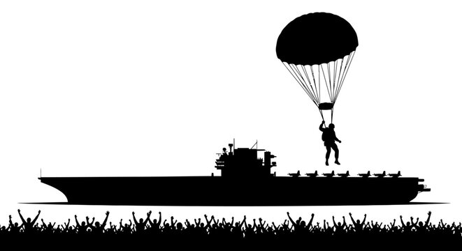 Parachutist Jumps from Aircraft Carrier, Crowd Cheers Below